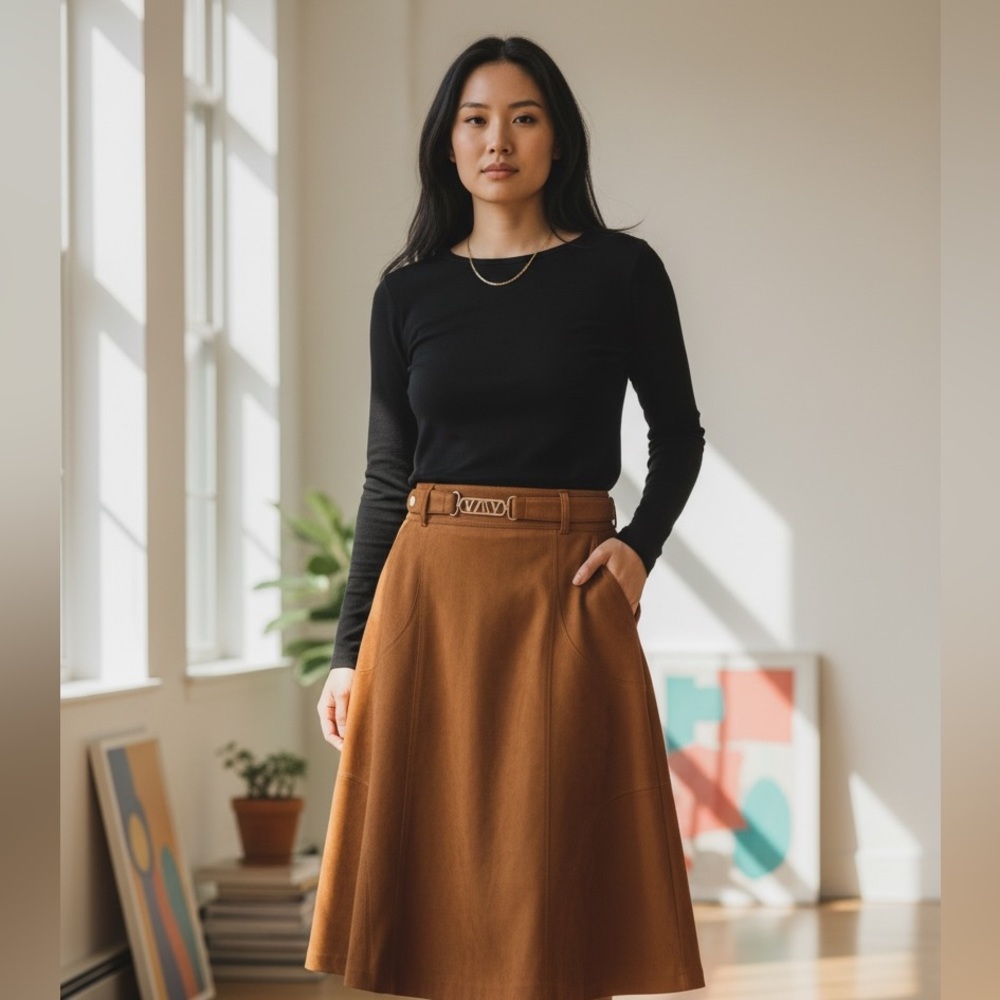 MNY Cognac Suede Skirt Minimalist Equestrian Western Old Money - Picture 3 of 13